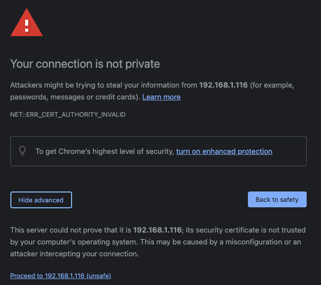 "Your connection is not private" warning page